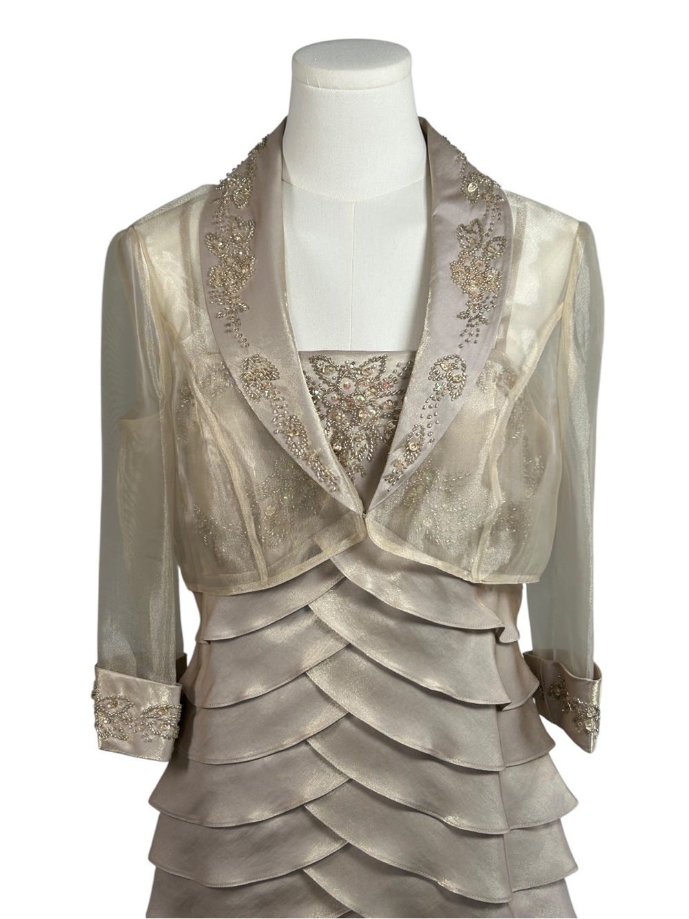 Alex Evenings Beaded Tiered Maxi Gown & Sheer Bolero Jacket Champagne 10P - Picture 3 of 15